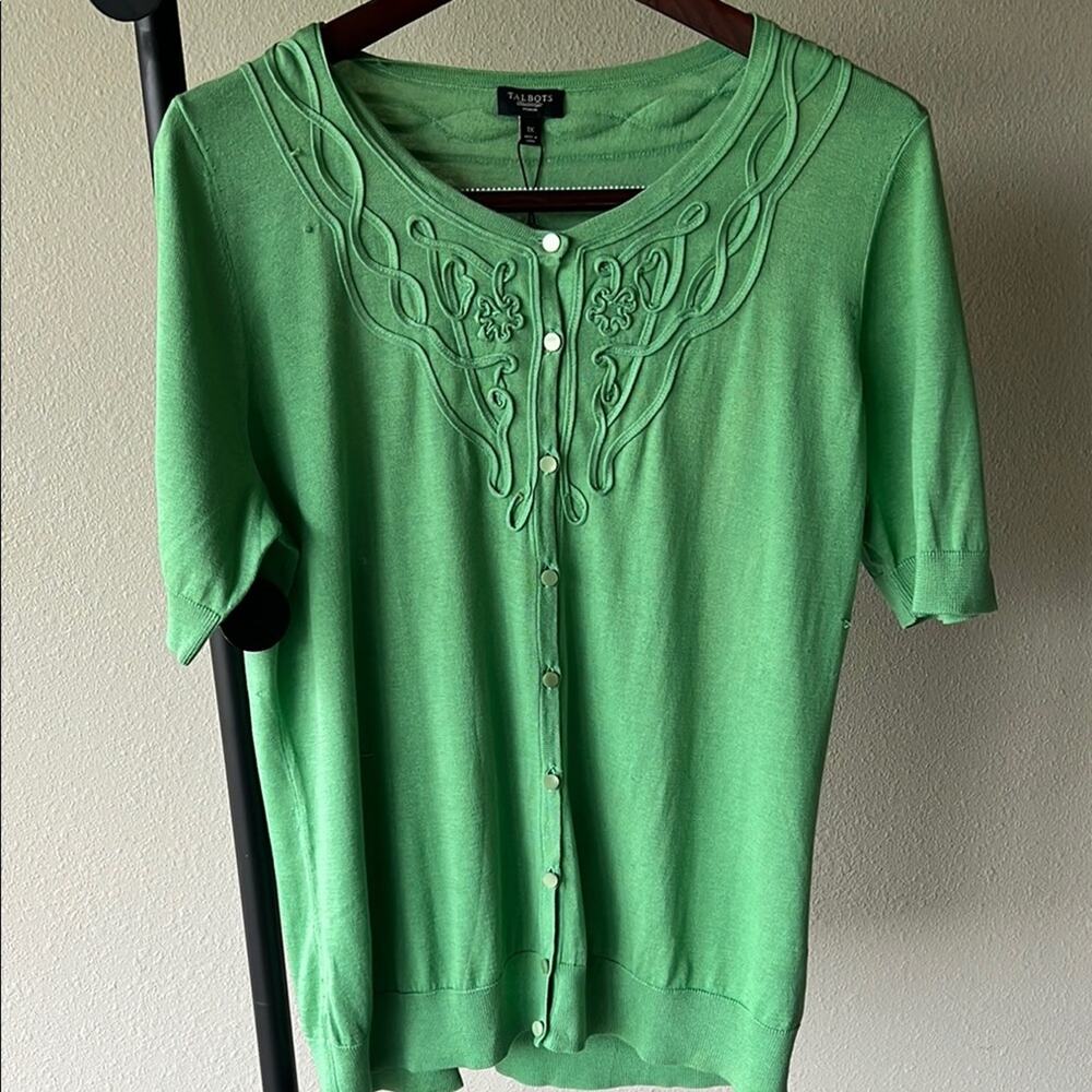 NWT Talbots Silk/Cotton Green Embroidered Cardigan - size 1X